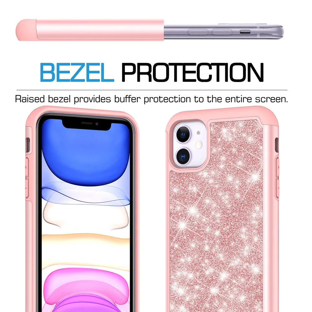 Apple iPhone 11 Case, Glitter Bling Heavy Duty Shock Proof Hybrid Case with [HD Screen Protector] Dual Layer Protective Phone Case Cover for Apple iPhone 11 - Rose Gold