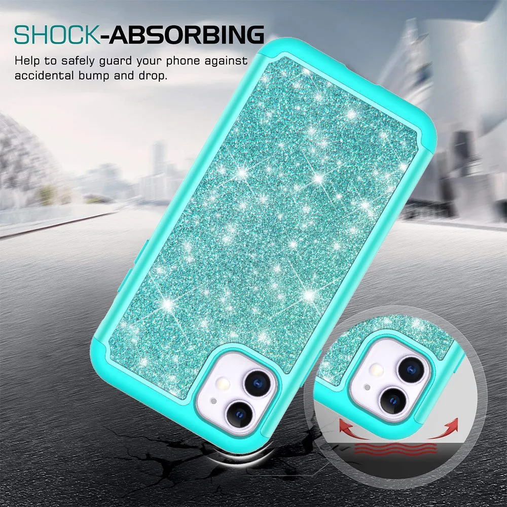 Apple iPhone 11 Case, Glitter Bling Heavy Duty Shock Proof Hybrid Case with [HD Screen Protector] Dual Layer Protective Phone Case Cover for Apple iPhone 11 - Teal