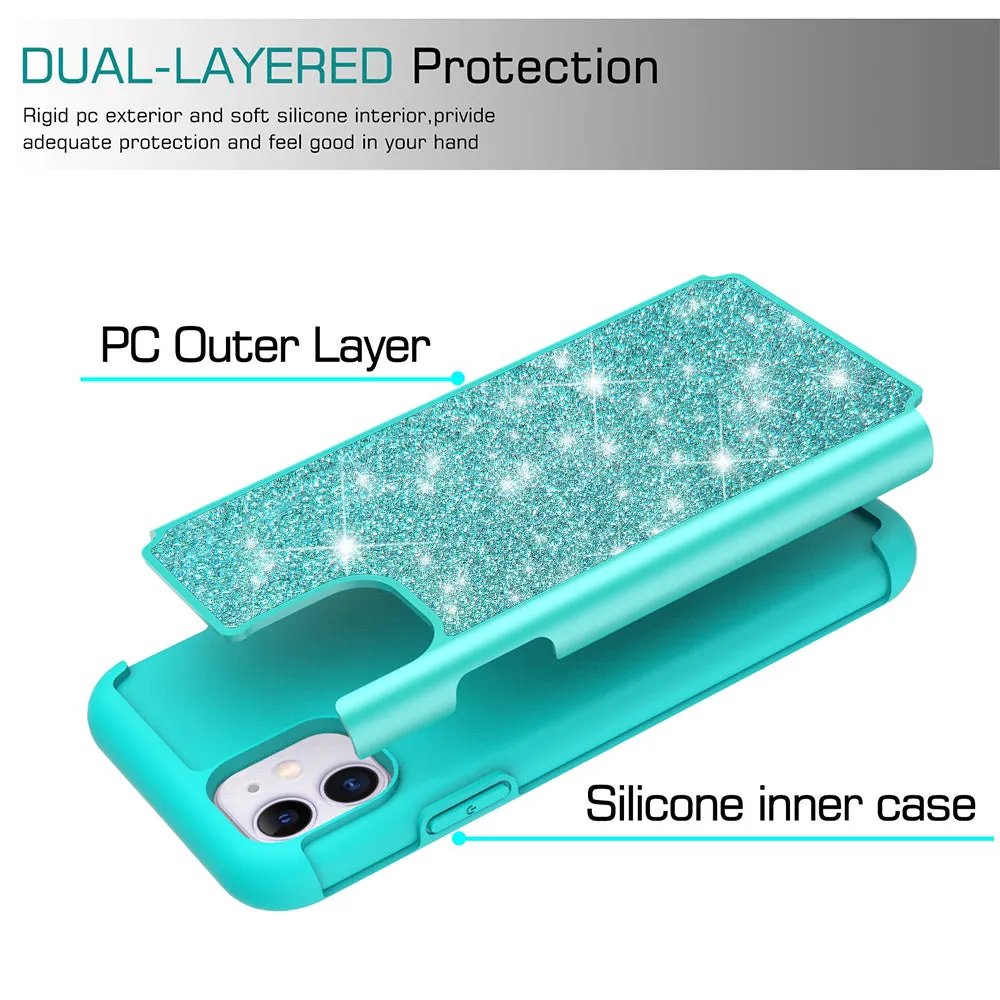 Apple iPhone 11 Case, Glitter Bling Heavy Duty Shock Proof Hybrid Case with [HD Screen Protector] Dual Layer Protective Phone Case Cover for Apple iPhone 11 - Teal