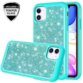 Apple iPhone 11 Case, Glitter Bling Heavy Duty Shock Proof Hybrid Case with [HD Screen Protector] Dual Layer Protective Phone Case Cover for Apple iPhone 11 - Teal