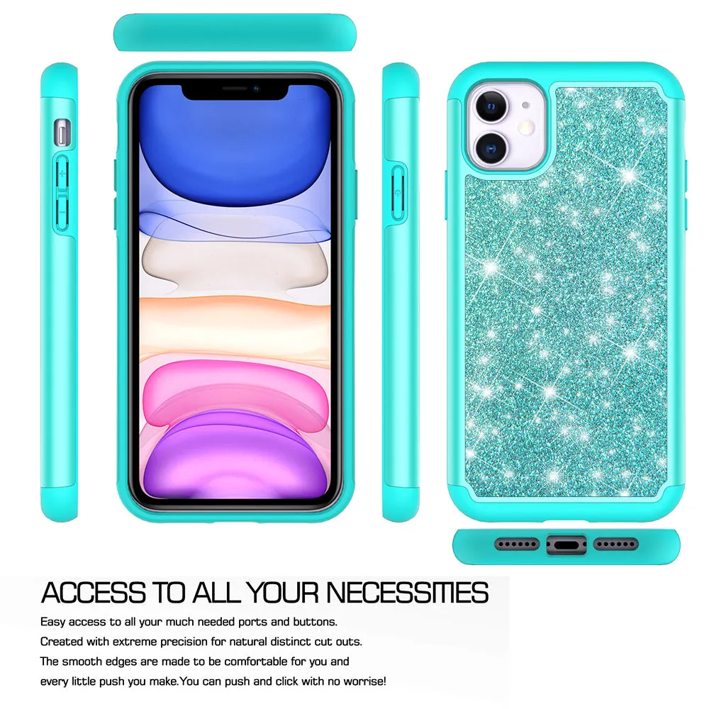 Apple iPhone 11 Case, Glitter Bling Heavy Duty Shock Proof Hybrid Case with [HD Screen Protector] Dual Layer Protective Phone Case Cover for Apple iPhone 11 - Teal