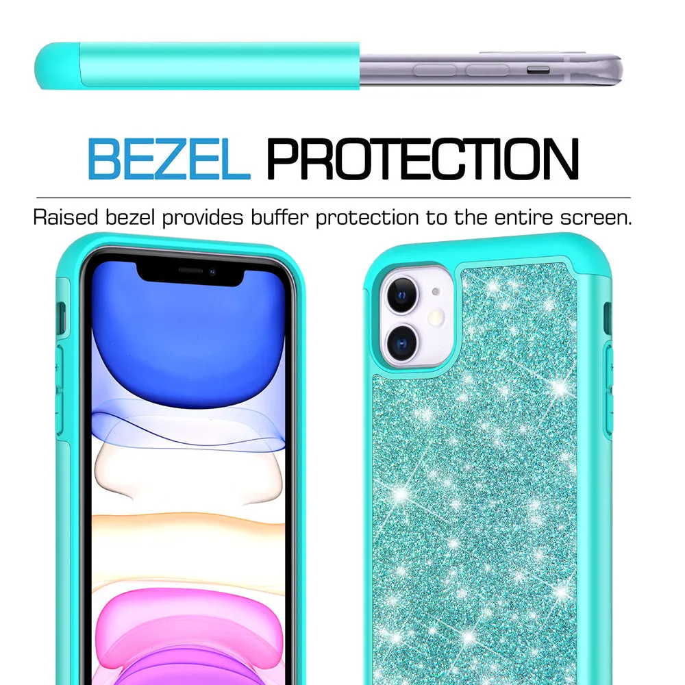 Apple iPhone 11 Case, Glitter Bling Heavy Duty Shock Proof Hybrid Case with [HD Screen Protector] Dual Layer Protective Phone Case Cover for Apple iPhone 11 - Teal