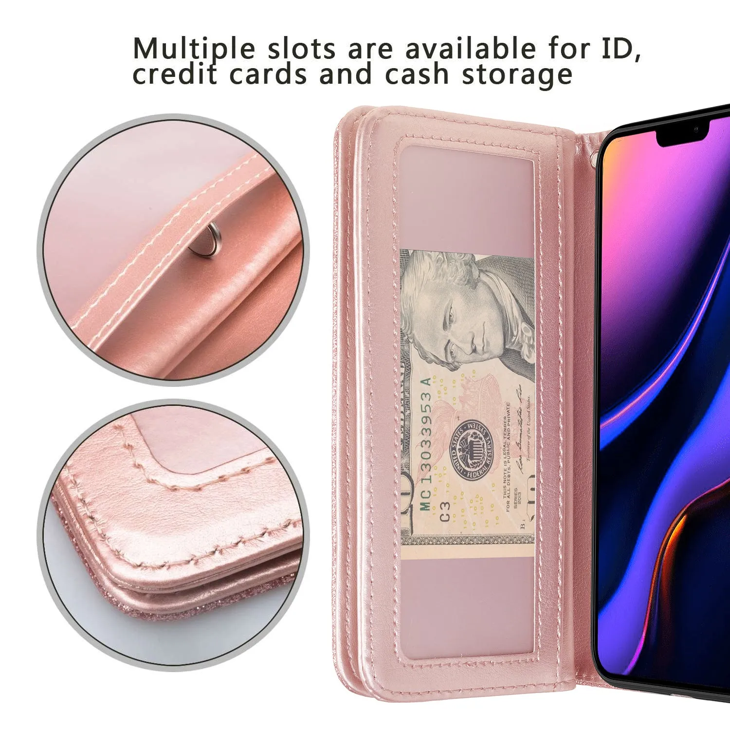 Apple iPhone 12 Case, iPhone 12 Case, Glitter Faux Leather Flip Credit Card Holder Wrist Strap Shockproof Protective Wallet Case Clutch for iPhone 12 - Rose Gold