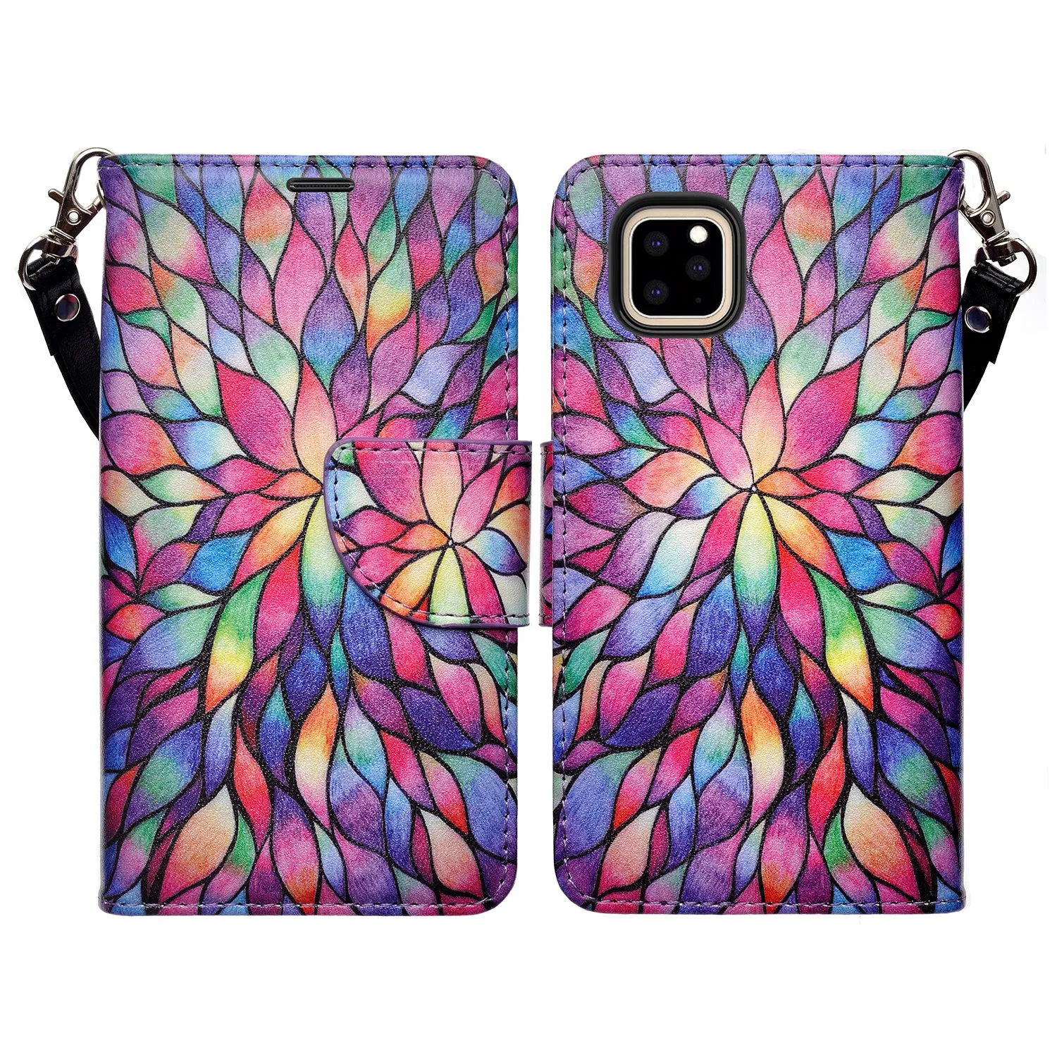 Apple iPhone 12 Case, iPhone 12 Wallet Case, Wrist Strap Pu Leather Wallet Case [Kickstand] with ID & Credit Card Slots - Rainbow Flower