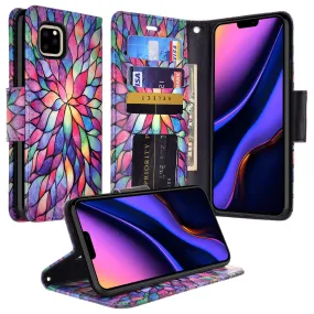 Apple iPhone 12 Case, iPhone 12 Wallet Case, Wrist Strap Pu Leather Wallet Case [Kickstand] with ID & Credit Card Slots - Rainbow Flower