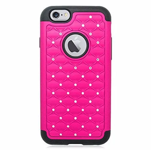 Apple iPhone 6s Plus Case / 6 Plus Case Crystal Rhinestone Slim Hybrid Dual Layer Case - Hot Pink/Black