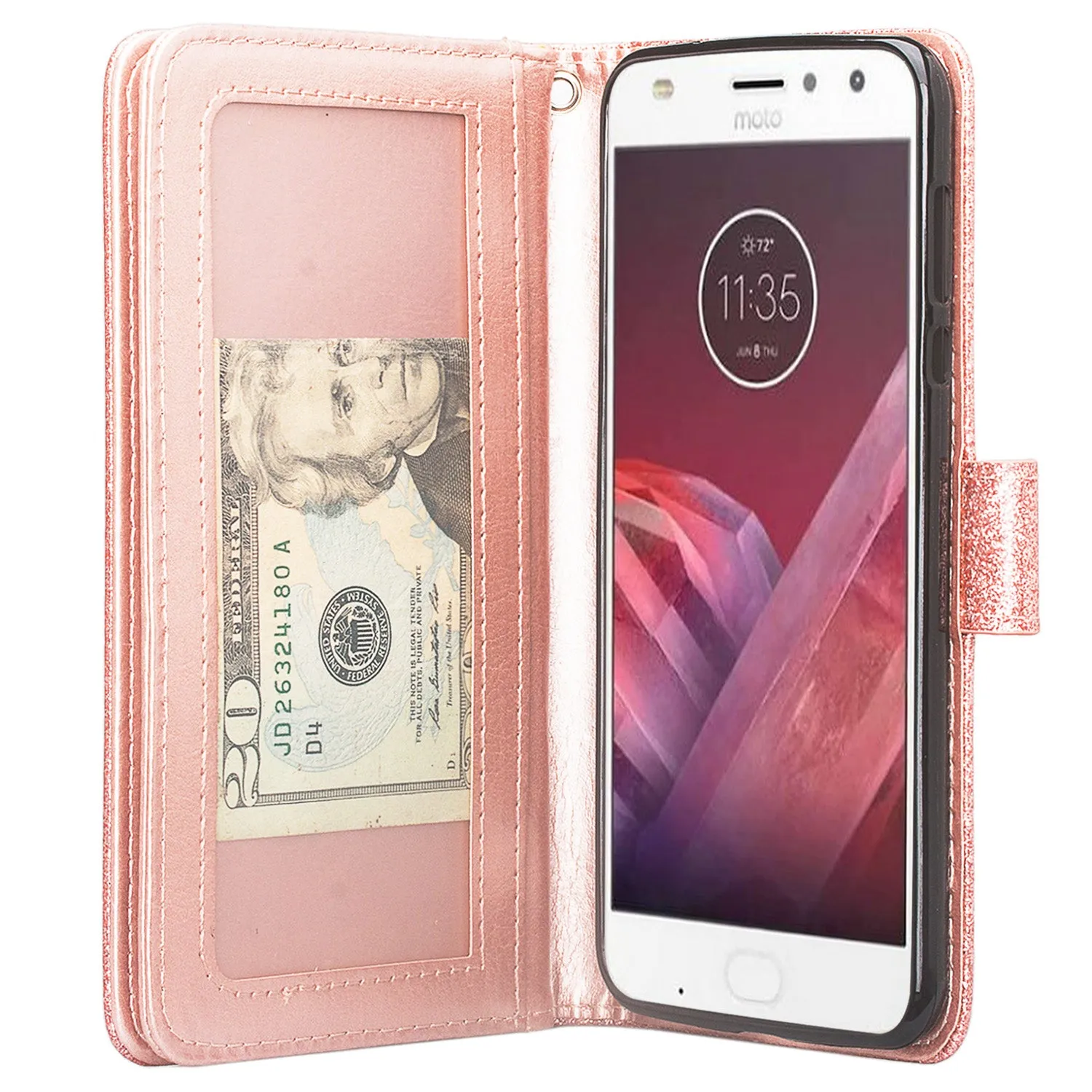 Apple iPhone X, Iphone 10 Case, [Wrist Strap] Glitter Faux Leather Flip [Kickstand Feature] Protective Wallet Case Cover Clutch - Rose Gold