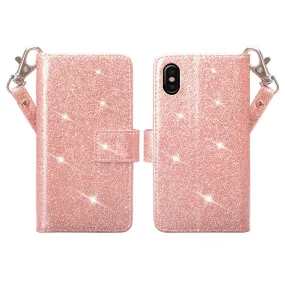 Apple iPhone X, Iphone 10 Case, [Wrist Strap] Glitter Faux Leather Flip [Kickstand Feature] Protective Wallet Case Cover Clutch - Rose Gold