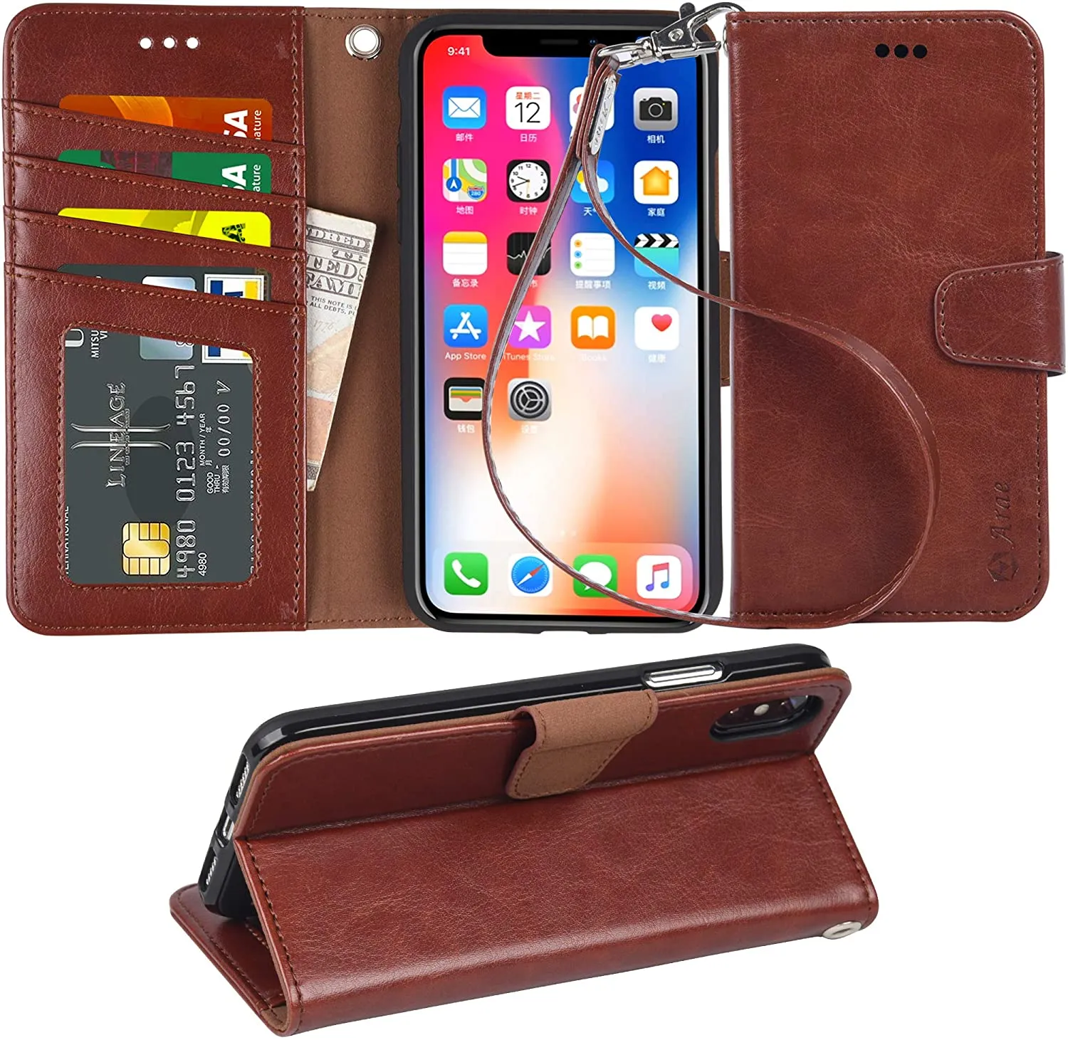 Arae Case for iPhone X/Xs, Premium PU Leather Wallet Case [Wrist Straps] Flip Folio [Kickstand Feature] with ID&Credit Card Pockets for iPhone X (2017) / Xs (2018) 5.8 inch (not for Xr)