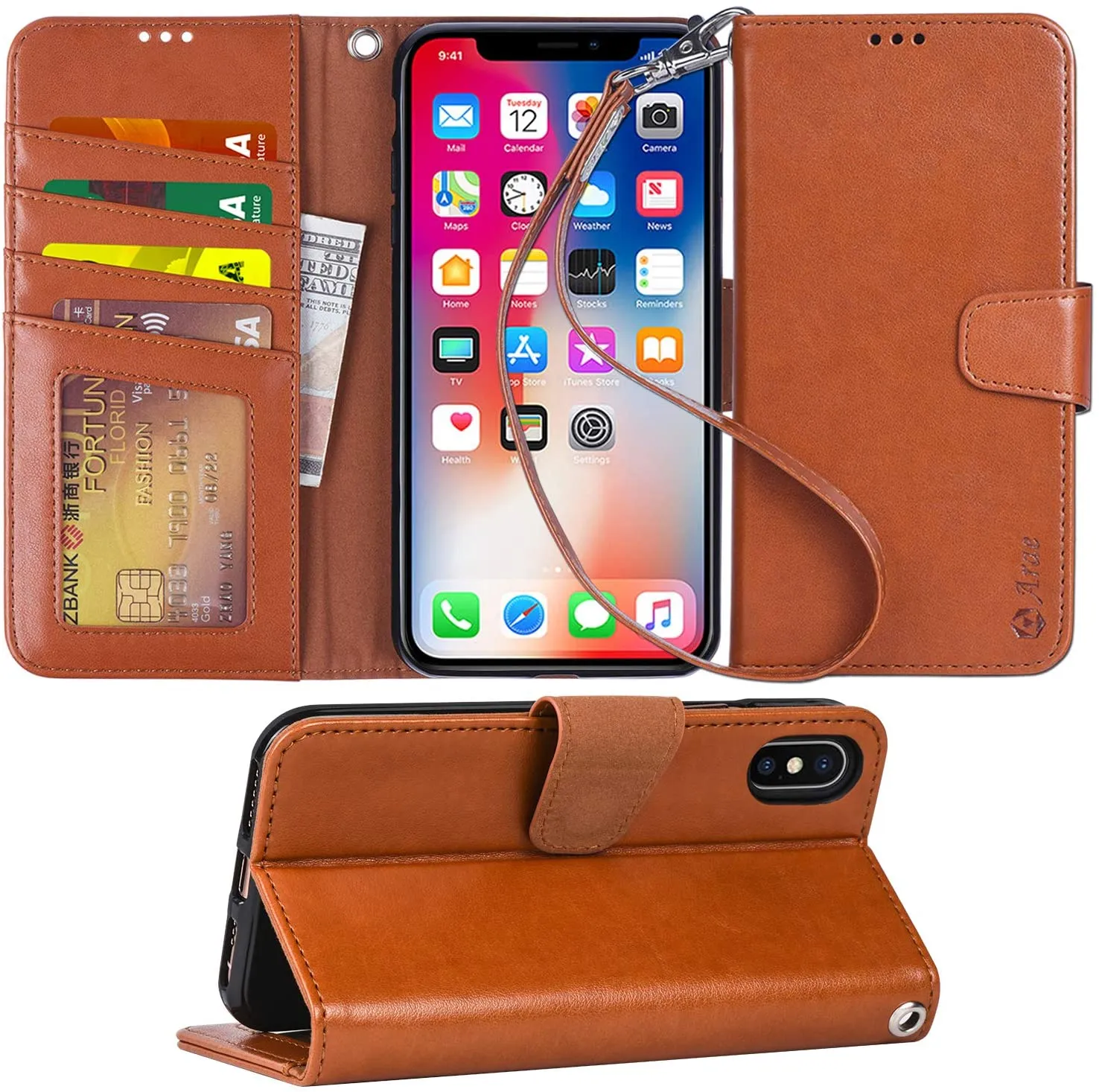 Arae Case for iPhone X/Xs, Premium PU Leather Wallet Case [Wrist Straps] Flip Folio [Kickstand Feature] with ID&Credit Card Pockets for iPhone X (2017) / Xs (2018) 5.8 inch (not for Xr)