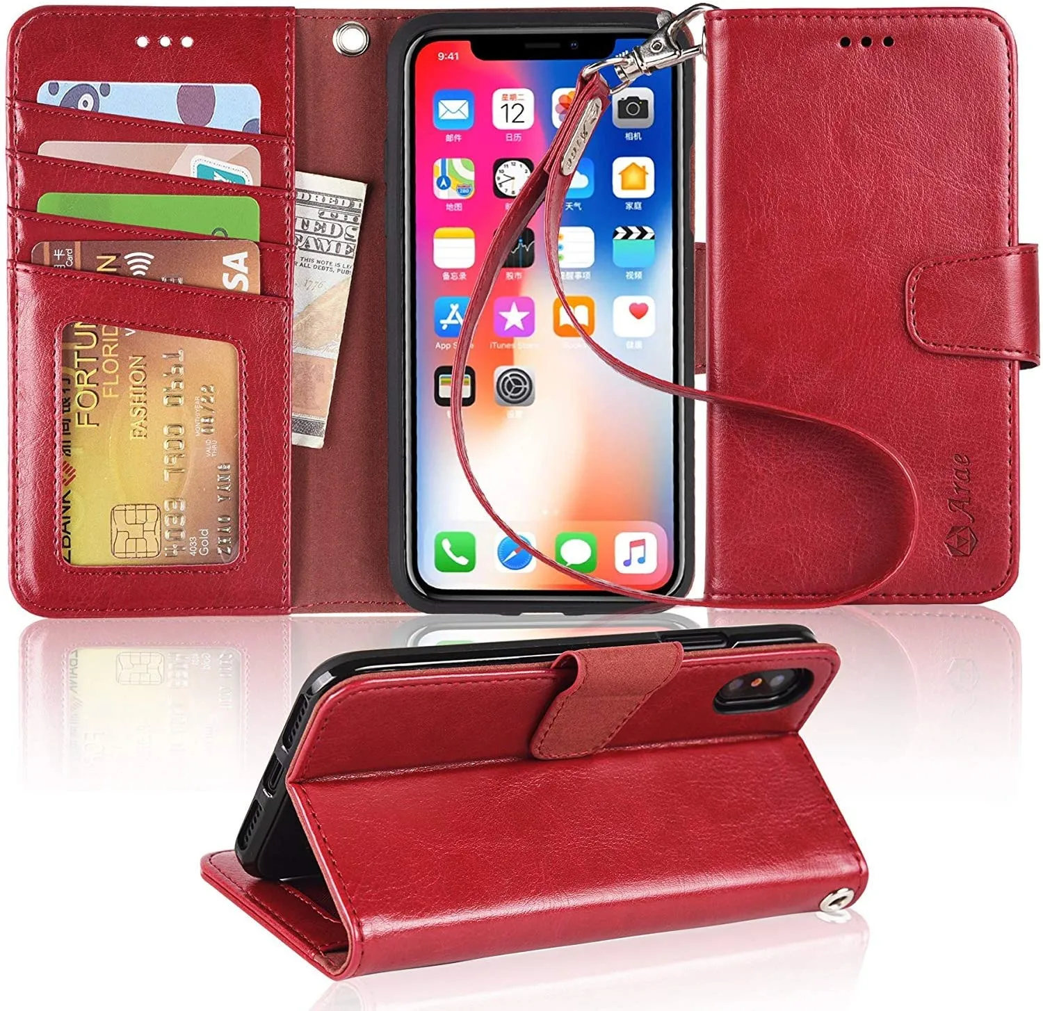 Arae Case for iPhone X/Xs, Premium PU Leather Wallet Case [Wrist Straps] Flip Folio [Kickstand Feature] with ID&Credit Card Pockets for iPhone X (2017) / Xs (2018) 5.8 inch (not for Xr)