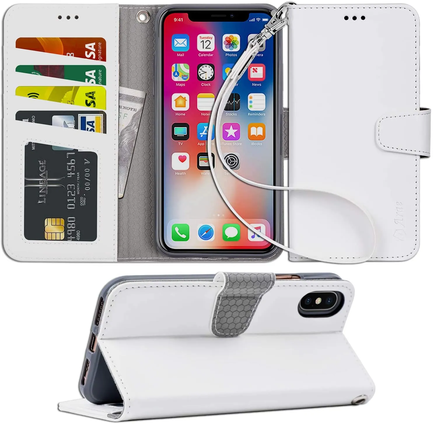 Arae Case for iPhone X/Xs, Premium PU Leather Wallet Case [Wrist Straps] Flip Folio [Kickstand Feature] with ID&Credit Card Pockets for iPhone X (2017) / Xs (2018) 5.8 inch (not for Xr)