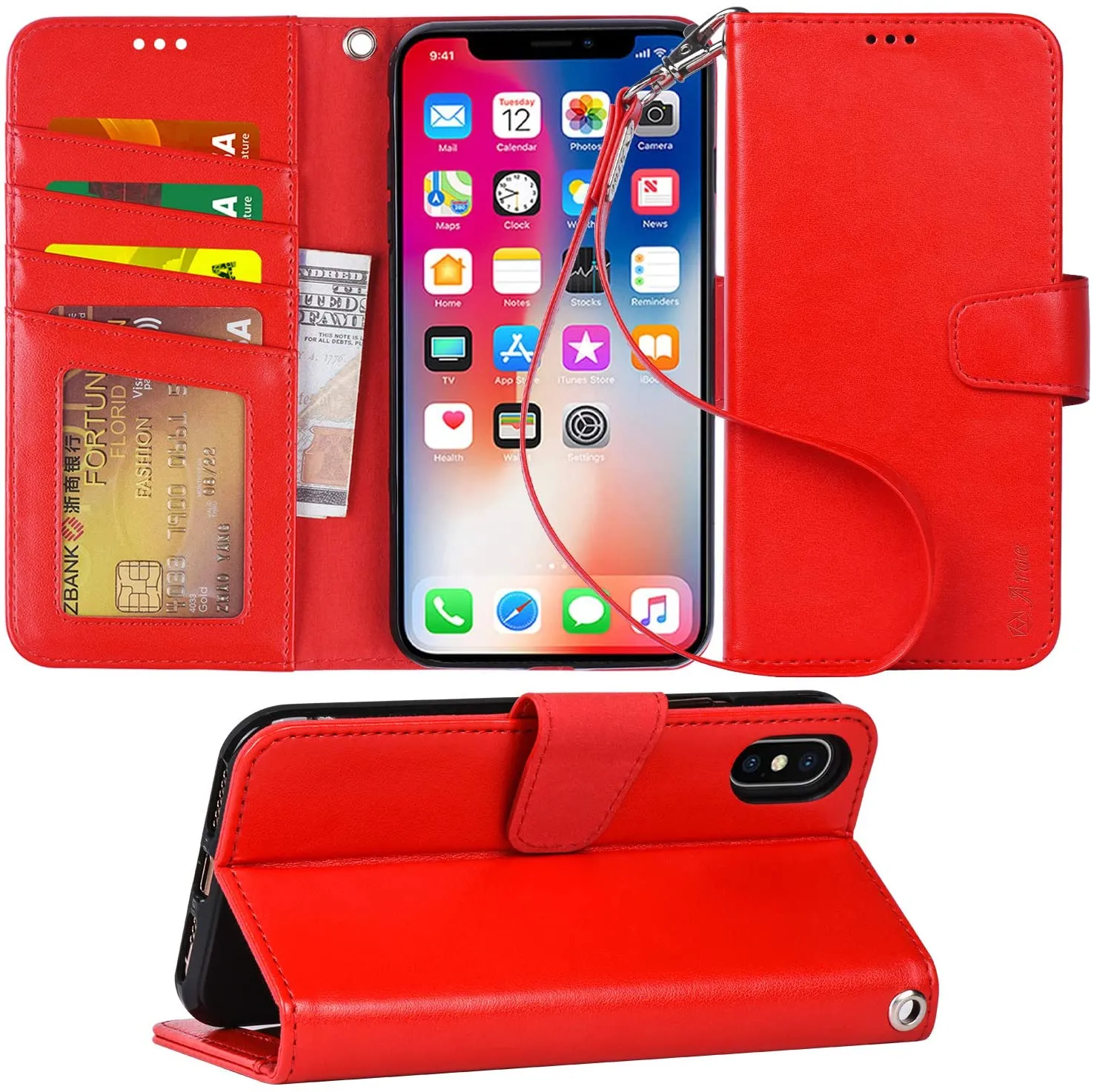 Arae Case for iPhone X/Xs, Premium PU Leather Wallet Case [Wrist Straps] Flip Folio [Kickstand Feature] with ID&Credit Card Pockets for iPhone X (2017) / Xs (2018) 5.8 inch (not for Xr)