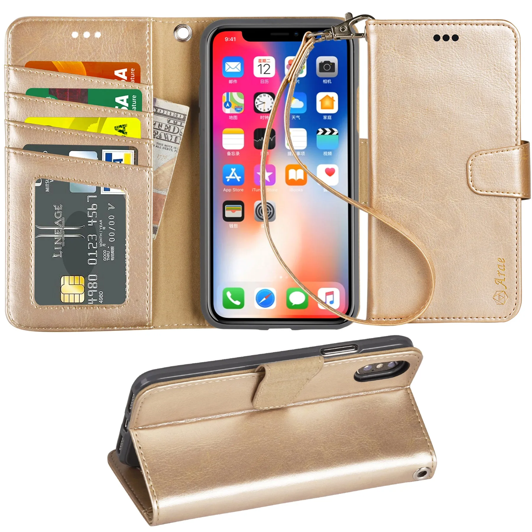 Arae Case for iPhone X/Xs, Premium PU Leather Wallet Case [Wrist Straps] Flip Folio [Kickstand Feature] with ID&Credit Card Pockets for iPhone X (2017) / Xs (2018) 5.8 inch (not for Xr)