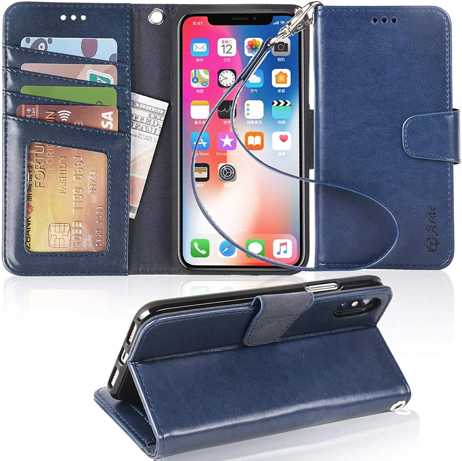 Arae Case for iPhone X/Xs, Premium PU Leather Wallet Case [Wrist Straps] Flip Folio [Kickstand Feature] with ID&Credit Card Pockets for iPhone X (2017) / Xs (2018) 5.8 inch (not for Xr)