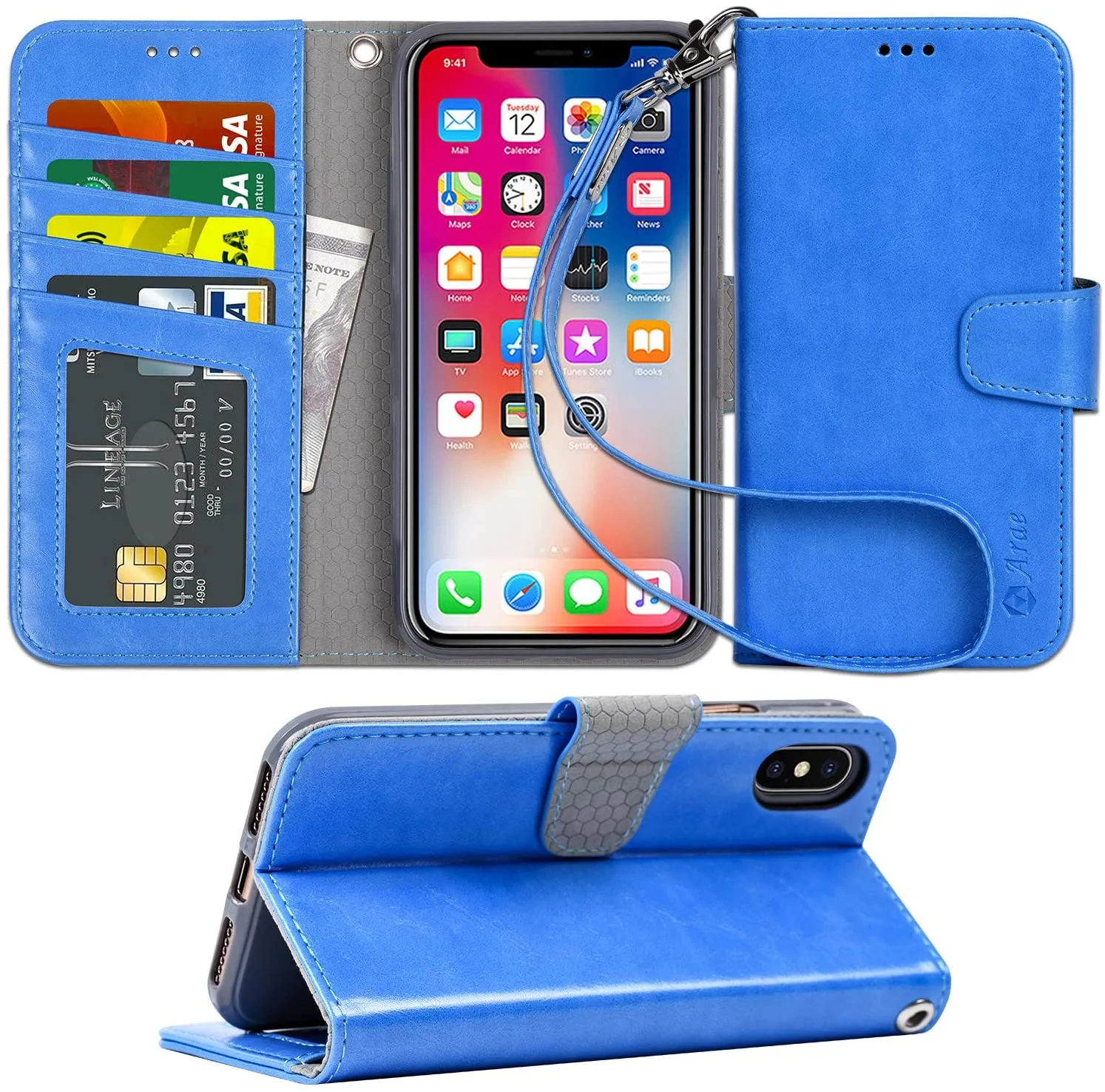 Arae Case for iPhone X/Xs, Premium PU Leather Wallet Case [Wrist Straps] Flip Folio [Kickstand Feature] with ID&Credit Card Pockets for iPhone X (2017) / Xs (2018) 5.8 inch (not for Xr)