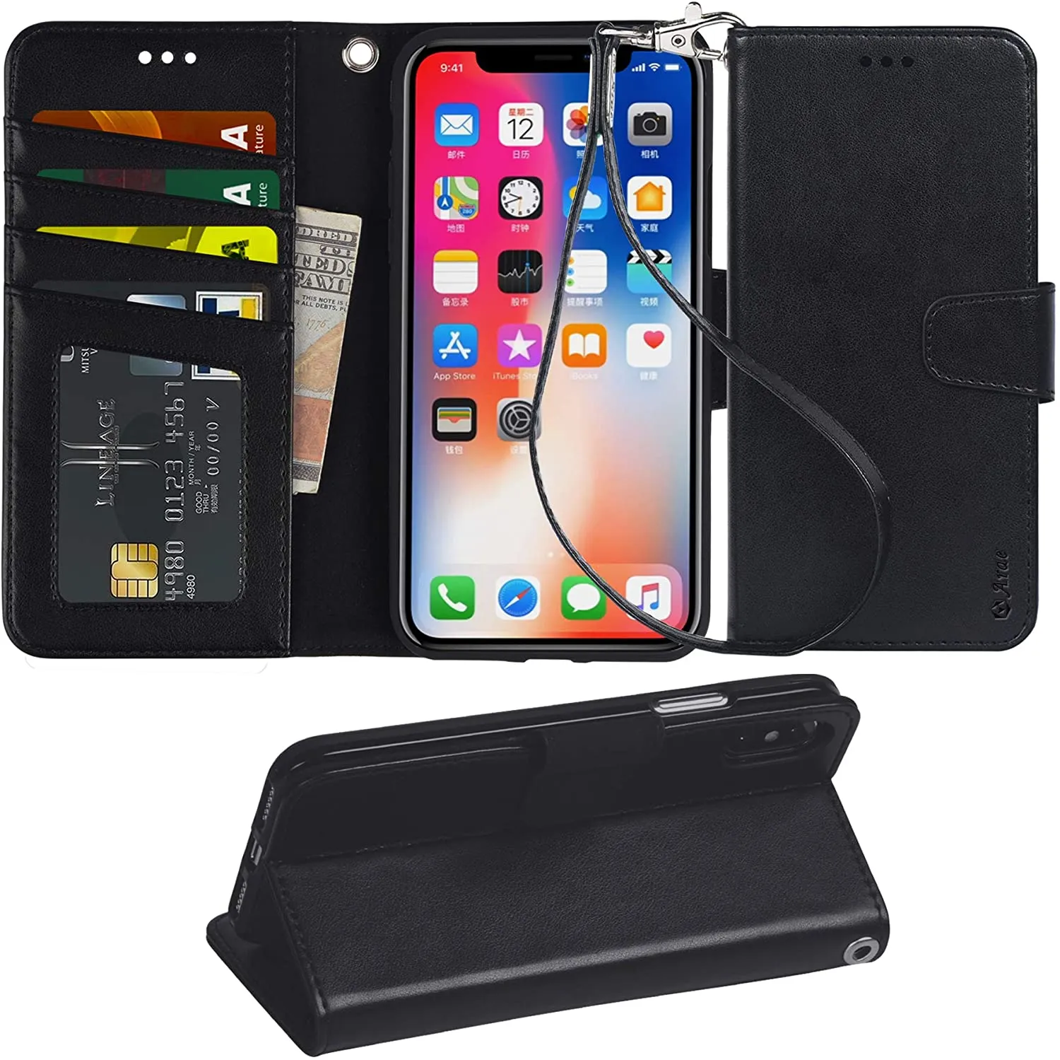 Arae Case for iPhone X/Xs, Premium PU Leather Wallet Case [Wrist Straps] Flip Folio [Kickstand Feature] with ID&Credit Card Pockets for iPhone X (2017) / Xs (2018) 5.8 inch (not for Xr)