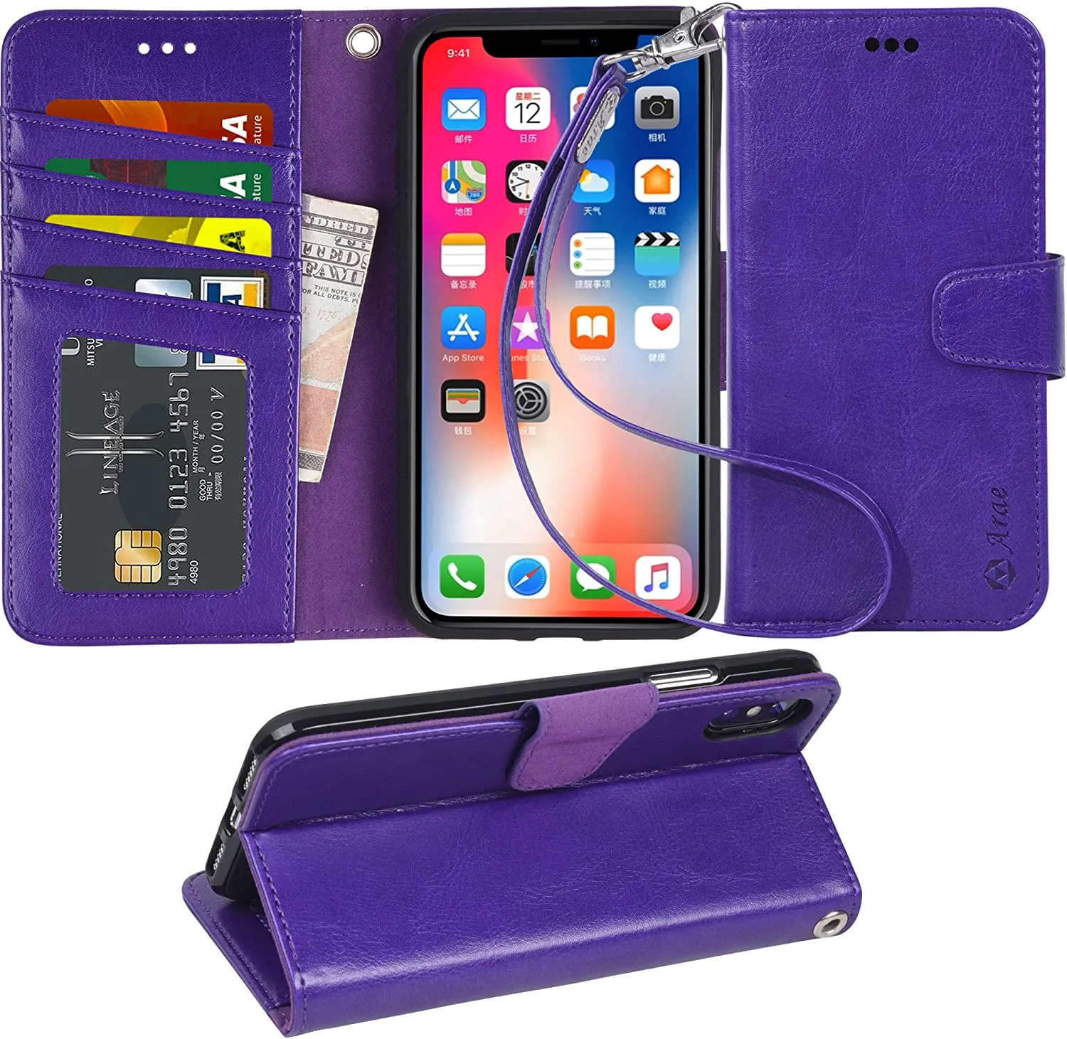 Arae Case for iPhone X/Xs, Premium PU Leather Wallet Case [Wrist Straps] Flip Folio [Kickstand Feature] with ID&Credit Card Pockets for iPhone X (2017) / Xs (2018) 5.8 inch (not for Xr)