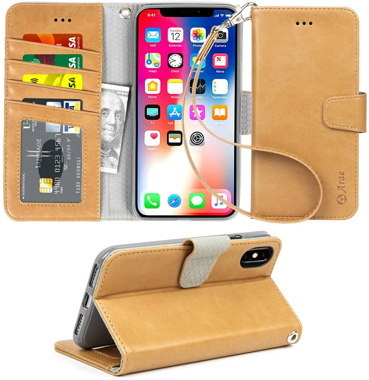 Arae Case for iPhone X/Xs, Premium PU Leather Wallet Case [Wrist Straps] Flip Folio [Kickstand Feature] with ID&Credit Card Pockets for iPhone X (2017) / Xs (2018) 5.8 inch (not for Xr)