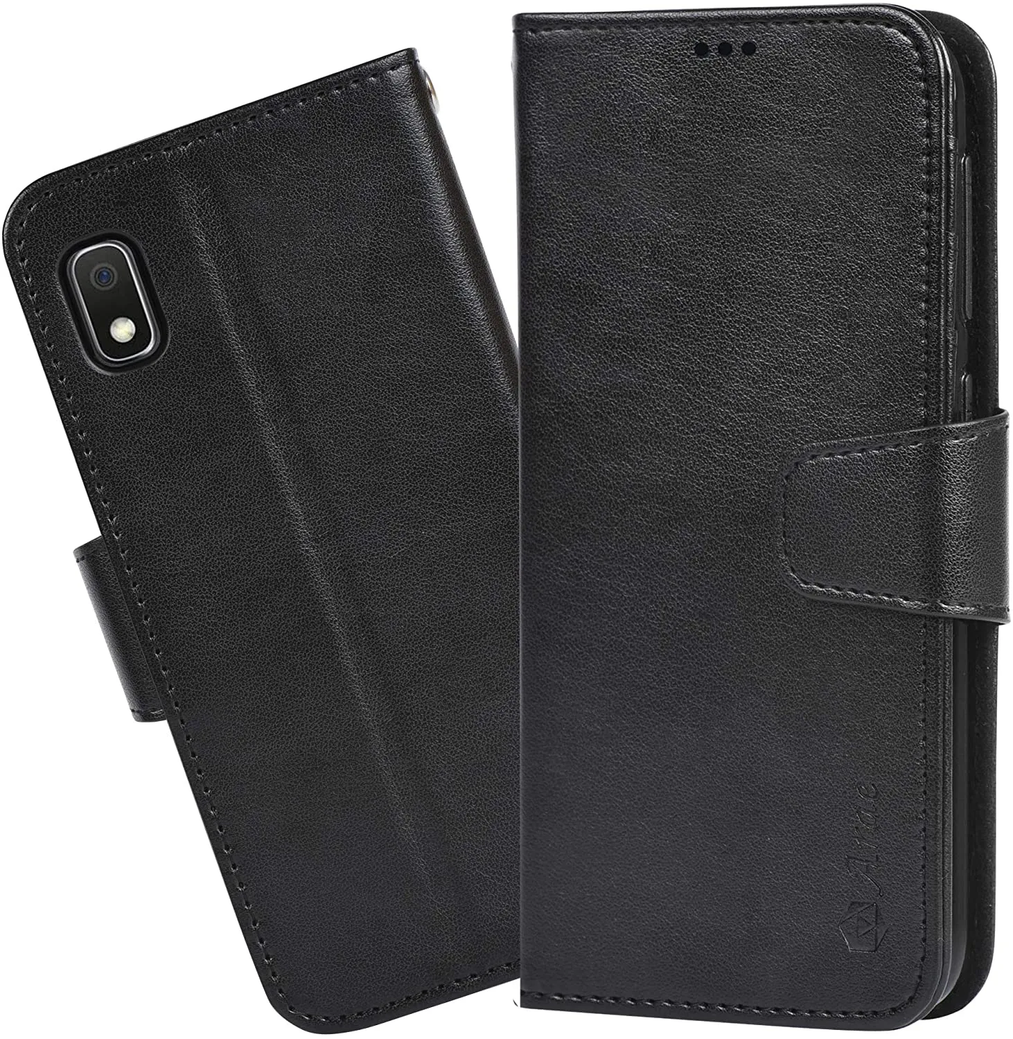 Arae Wallet Case for Samsung Galaxy A10E PU Leather flip case Cover [Stand Feature] with Wrist Strap and [4-Slots] ID&Credit Cards Pocket for Samsung Galaxy A10E, Black