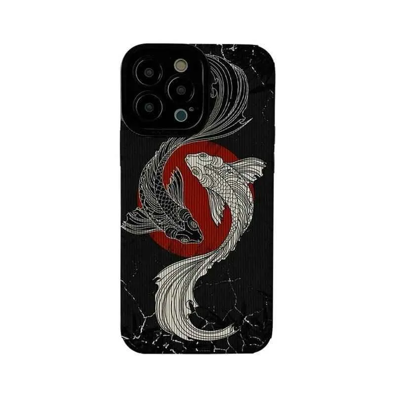 Black and White Cute Carp Oil Painting Phone Case for iPhone 15, 14, 13, 12, 11 Pro Max, Mini, 7, 8 Plus, X, XS Max, XR