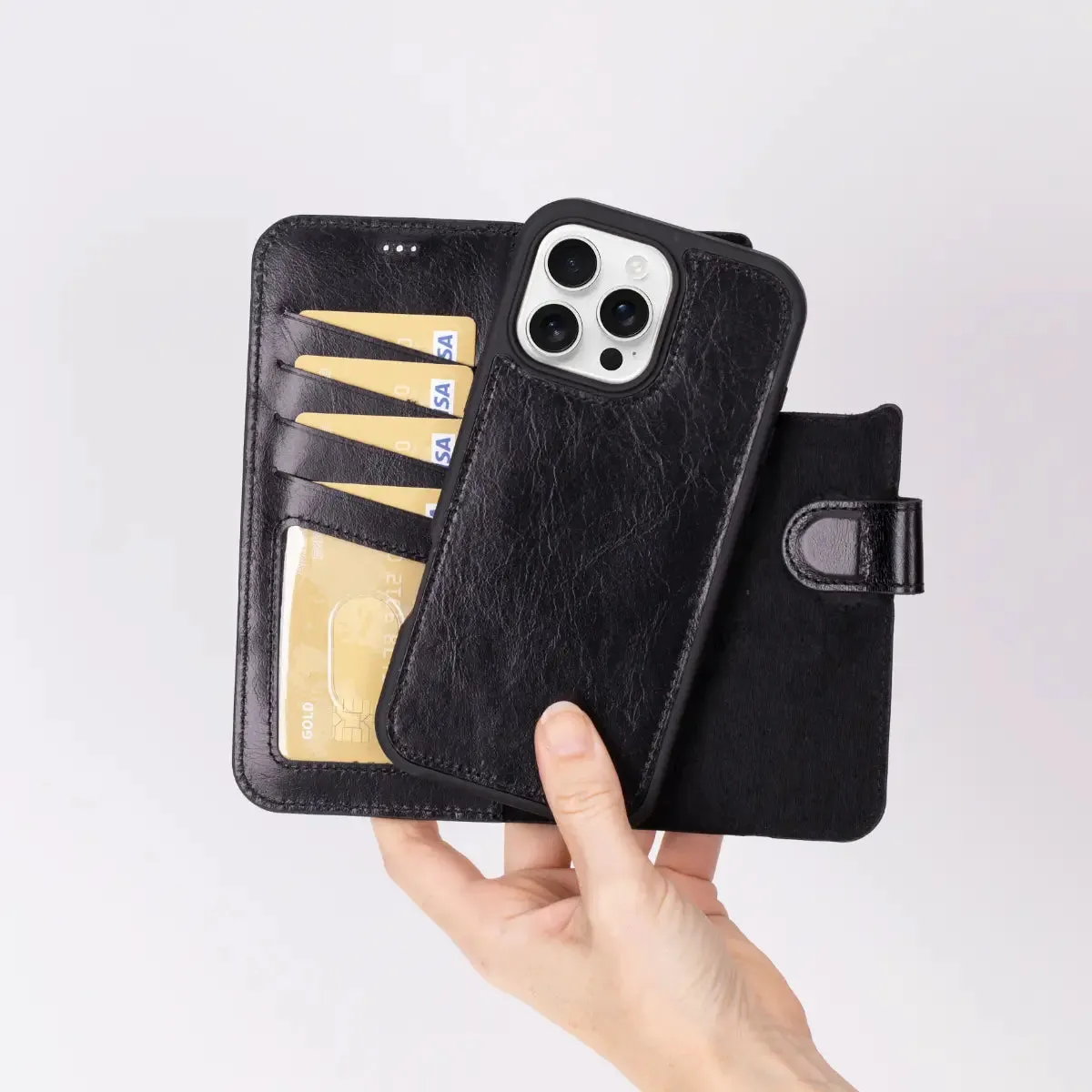 Black Leather iPhone 16 Pro Max Wallet Case