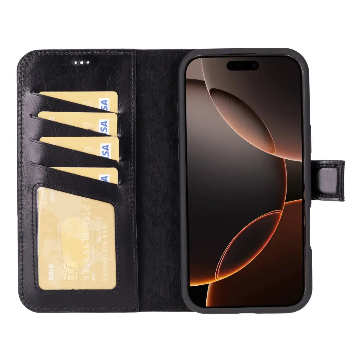 Black Leather iPhone 16 Pro Max Wallet Case