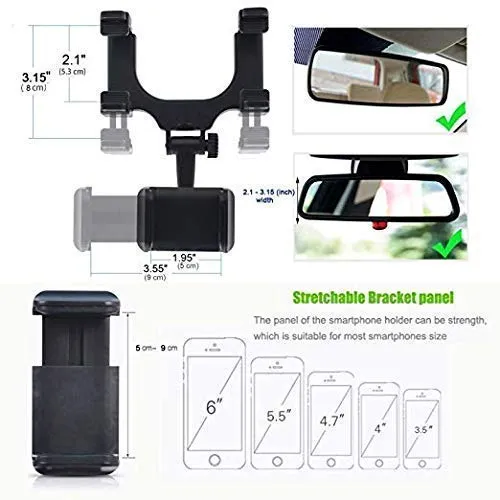 Car Rear View Mirror Mount Holder, 360° Car Mount Holder, Cell Phone Mount Anti Shake & Fall Prevention Rotation Adjustable Anti Vibration