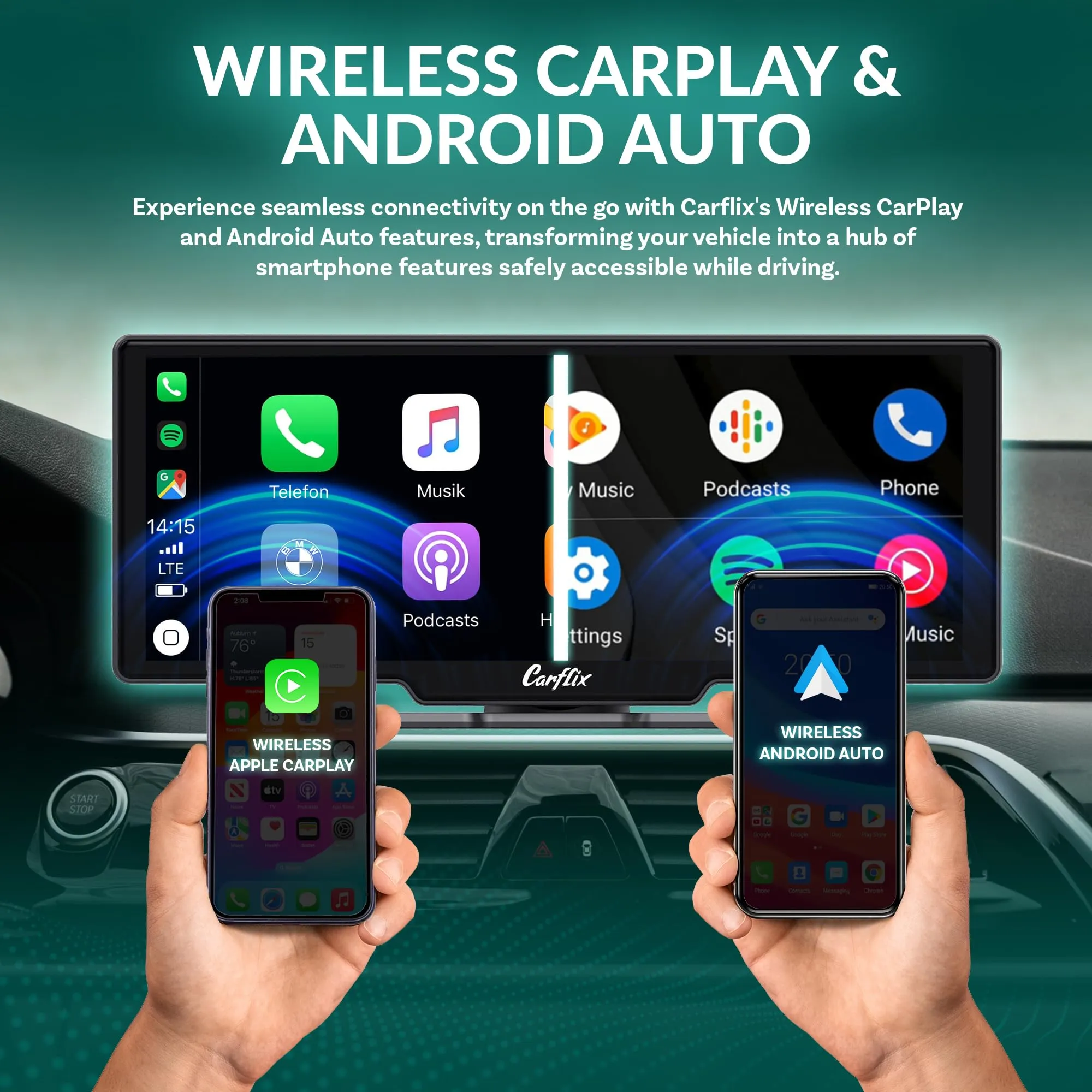 Carflix Portable Wireless CarPlay Screen for Car- 10.26 Inch Car Play Screen & Stereo Compatible with Android Auto and Apple CarPlay - Multimedia Player, Bluetooth, Navigation Screen for All Vehicles