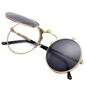 COASION Vintage Round Flip Up Sunglasses for Men Women Juniors John Lennon Style Circle Sun Glasses(Gold/Black,46mm)