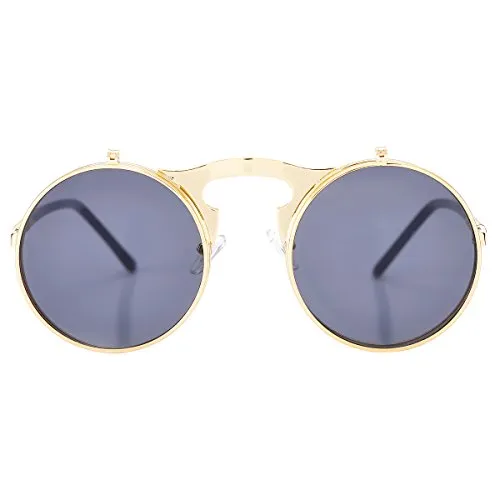 COASION Vintage Round Flip Up Sunglasses for Men Women Juniors John Lennon Style Circle Sun Glasses(Gold/Black,46mm)