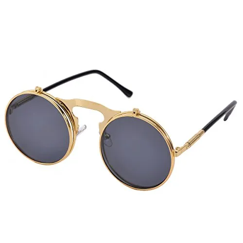 COASION Vintage Round Flip Up Sunglasses for Men Women Juniors John Lennon Style Circle Sun Glasses(Gold/Black,46mm)