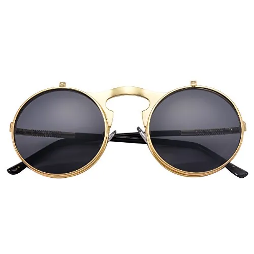 COASION Vintage Round Flip Up Sunglasses for Men Women Juniors John Lennon Style Circle Sun Glasses(Gold/Black,46mm)