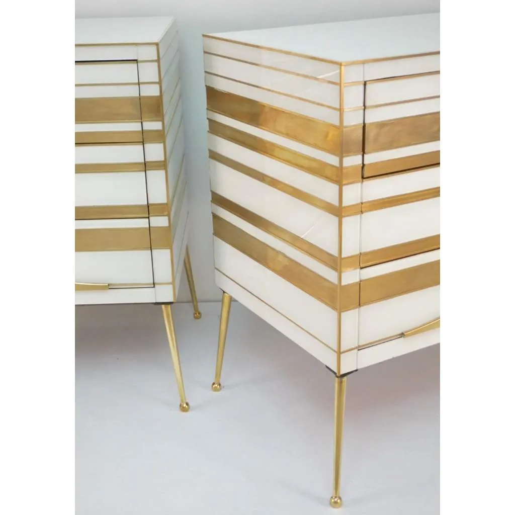 Contemporary Italian Pair of Gold Brass and White Glass Chests / Side Tables