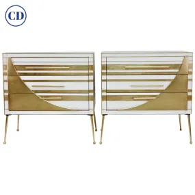 Contemporary Italian Pair of Gold Brass and White Glass Chests / Side Tables