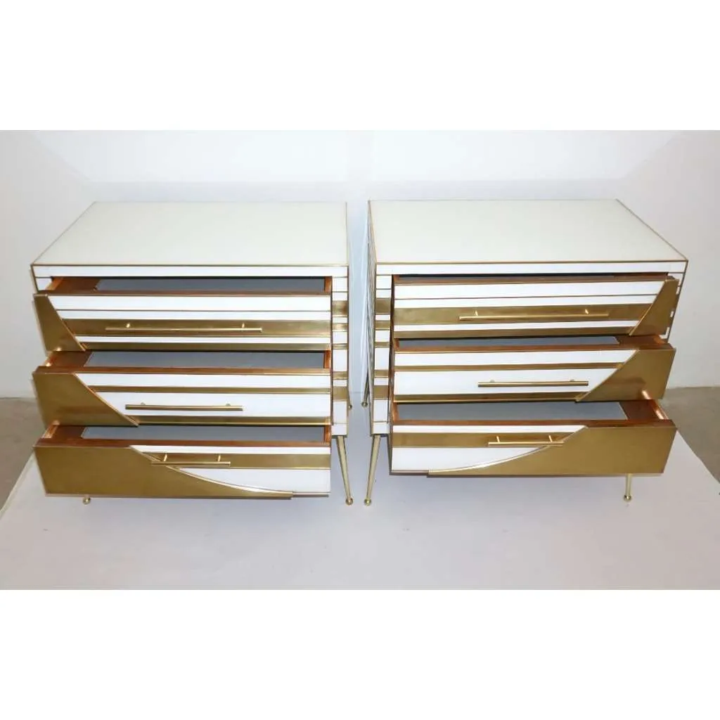 Contemporary Italian Pair of Gold Brass and White Glass Chests / Side Tables