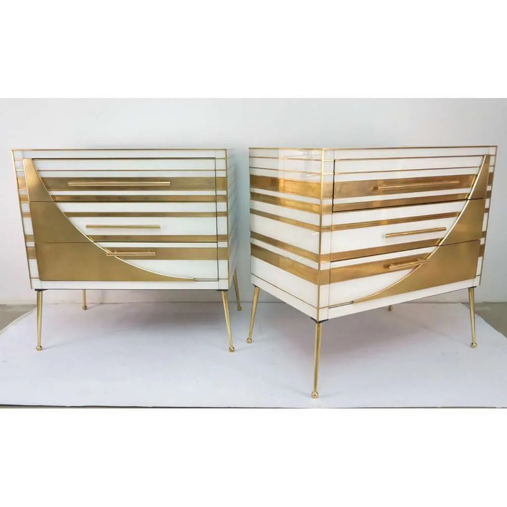 Contemporary Italian Pair of Gold Brass and White Glass Chests / Side Tables