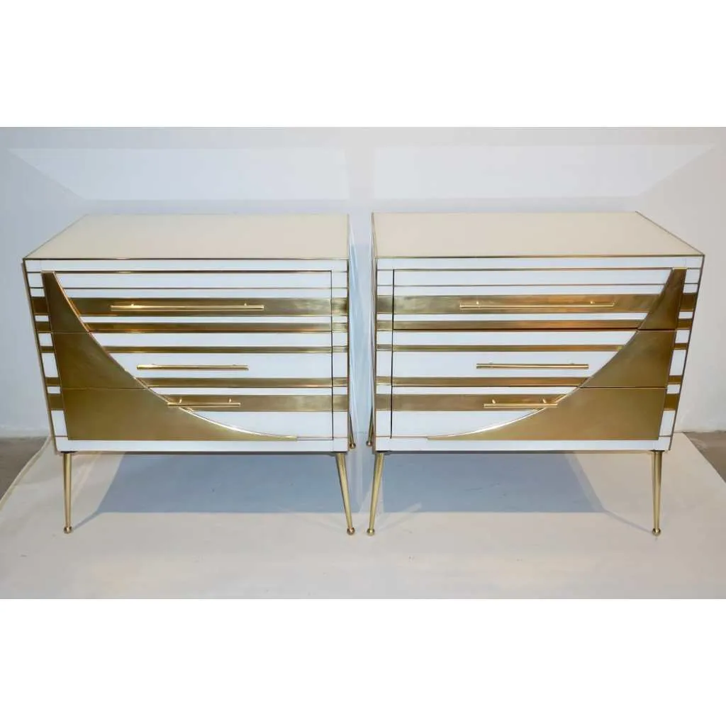 Contemporary Italian Pair of Gold Brass and White Glass Chests / Side Tables