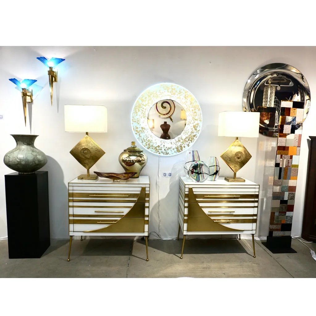 Contemporary Italian Pair of Gold Brass and White Glass Chests / Side Tables