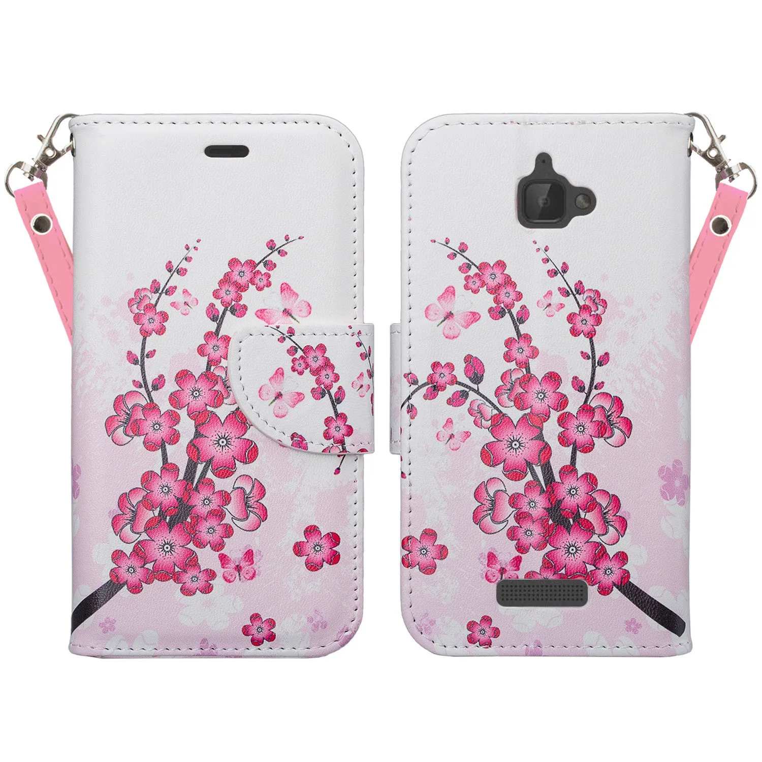 Coolpad Catalyst Case,  Wrist Strap Pu Leather Magnetic Flip Fold[Kickstand] Wallet Case with ID & Card Slots for Coolpad Catalyst - Cherry Blossom