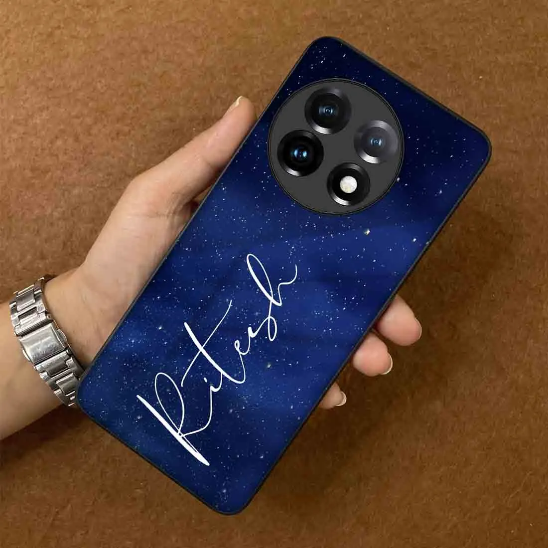 Customized One Plus 11 Cover Navy Blue Mobile Cover With Calligraphy Name - Stars