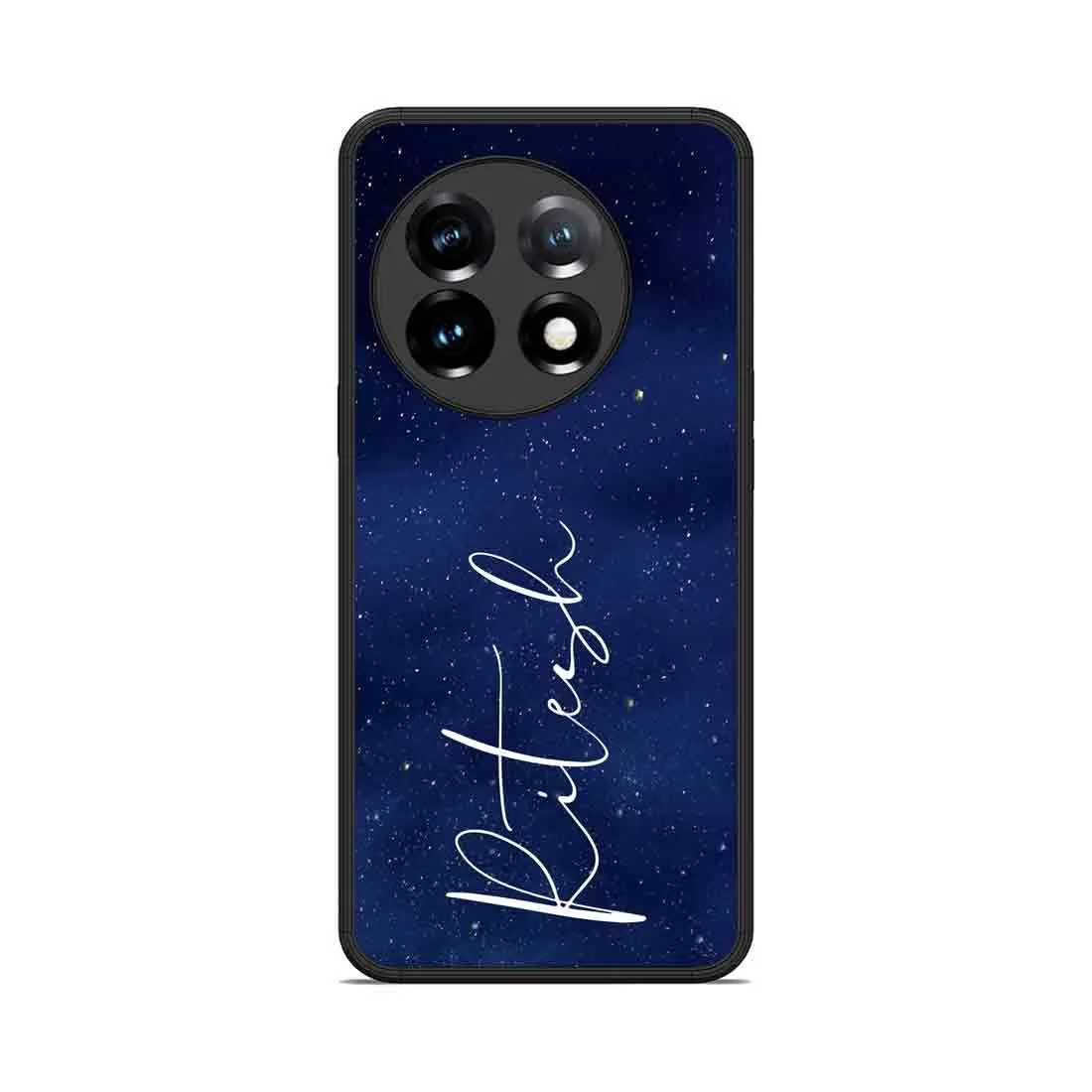 Customized One Plus 11 Cover Navy Blue Mobile Cover With Calligraphy Name - Stars