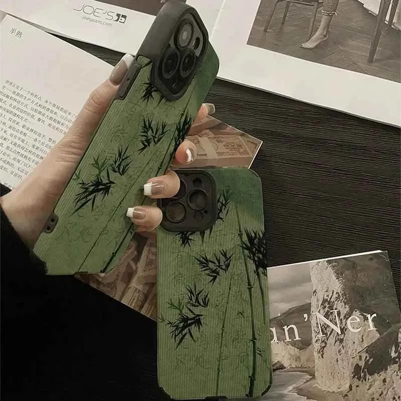 Cute Green Bamboo Phone Case with Soft Leather Cover for iPhone 6, 7, 8, XR, XS Max, 11, 12, 13, 14, Mini, and Pro Series