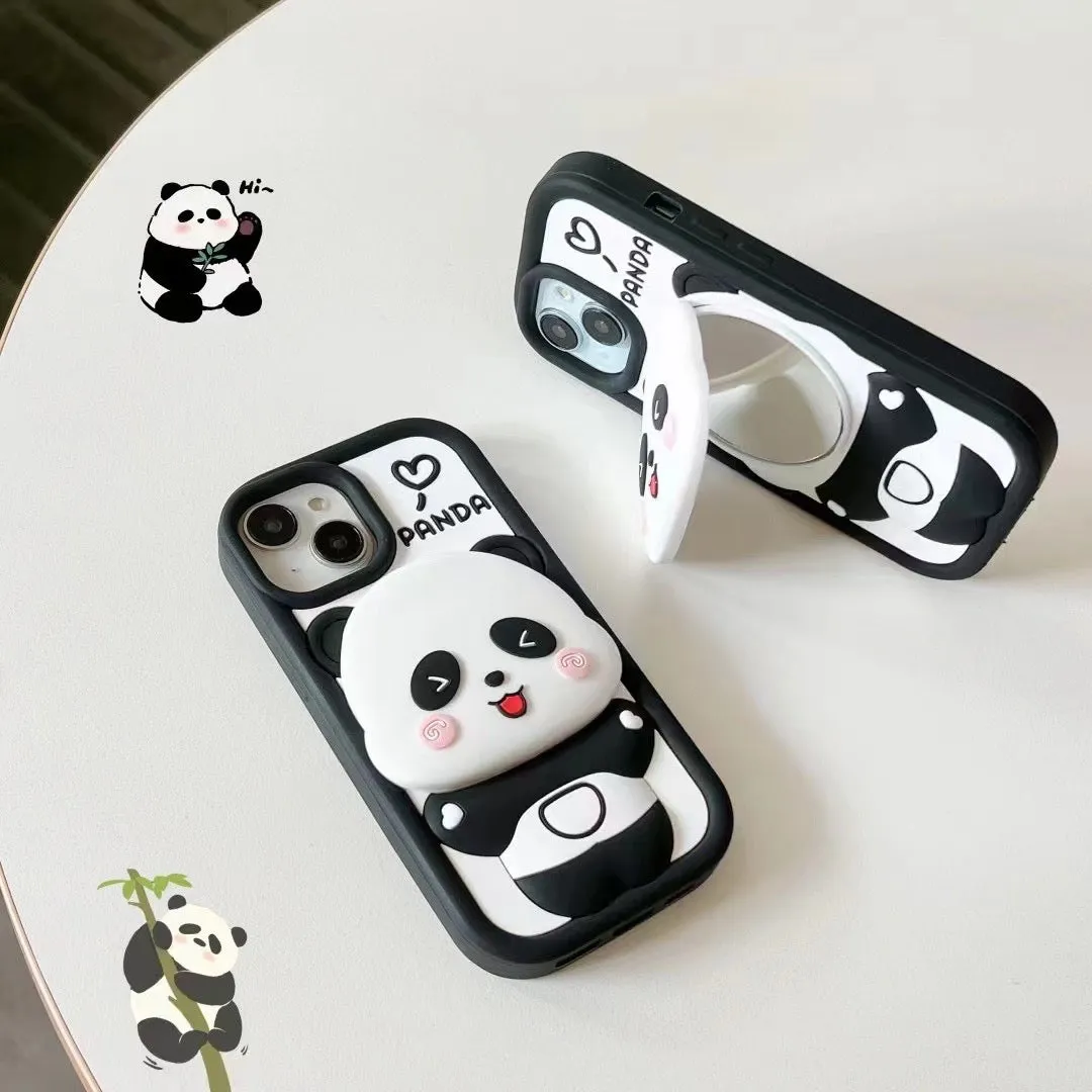 Cute Panda With Mirror Stand Silicon Phone Case For iPhone 15 Plus