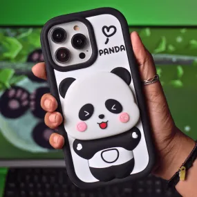 Cute Panda With Mirror Stand Silicon Phone Case For iPhone 15 Plus