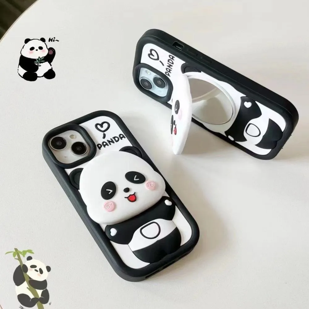 Cute Panda With Mirror Stand Silicon Phone Case For iPhone 15 Plus