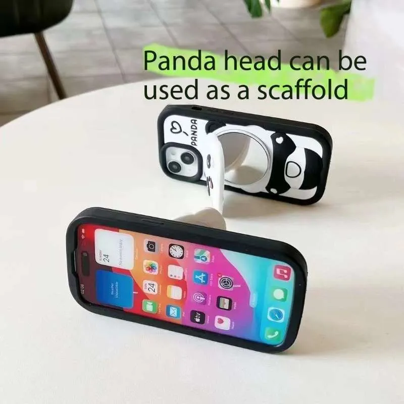 Cute Panda With Mirror Stand Silicon Phone Case For iPhone 15 Plus