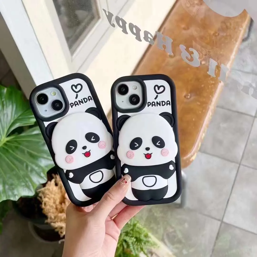 Cute Panda With Mirror Stand Silicon Phone Case For iPhone 15 Plus