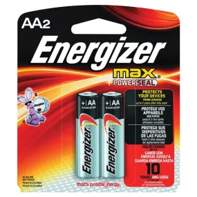 Energizer E91 E91BP-2 Battery, 1.5 V Battery, 2850 mAh, AA Battery, Alkaline, Manganese Dioxide, Zinc, Silver