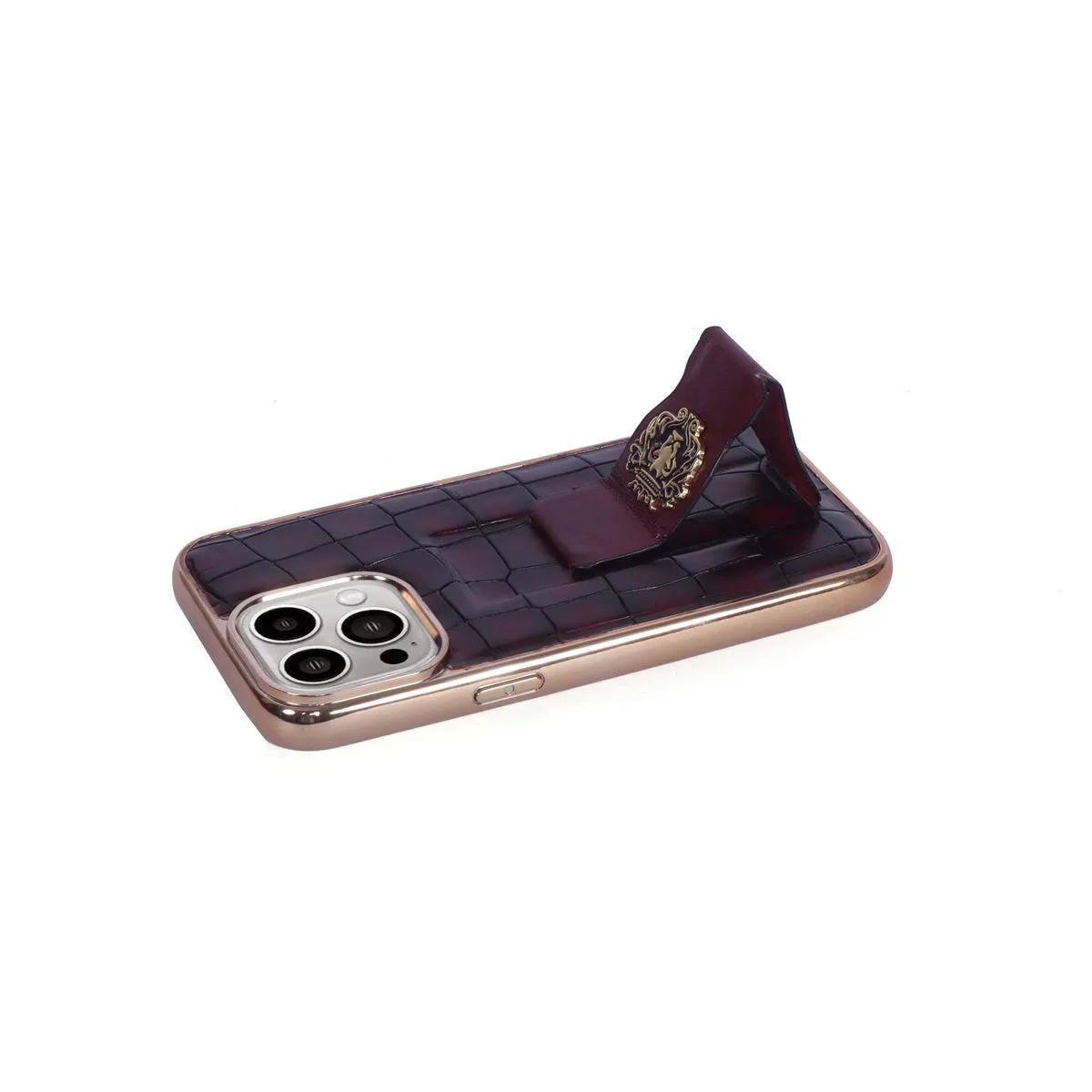 Finger strap cum Stand Mobile Cover In Smokey Wine Croco Textured Leather